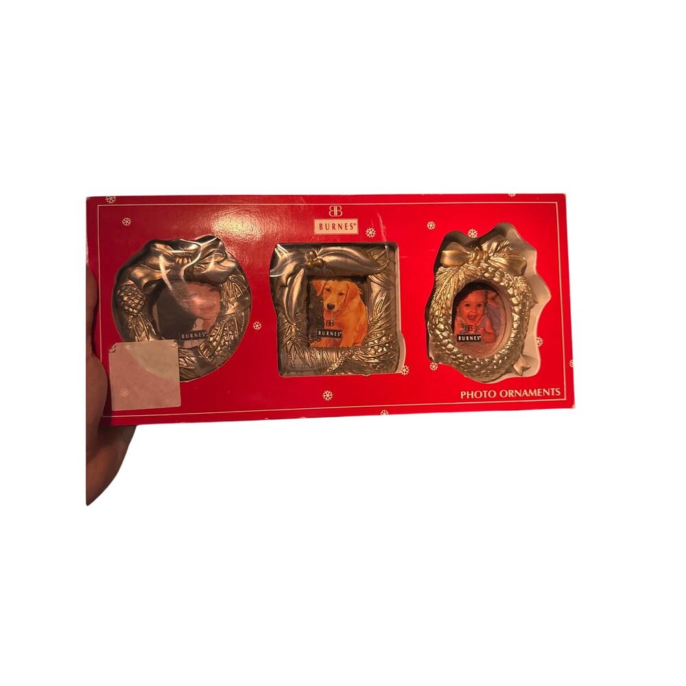 Burnes of Boston Vintage Christmas Photo Ornament Set of 3 Gold Tone‎ Frames